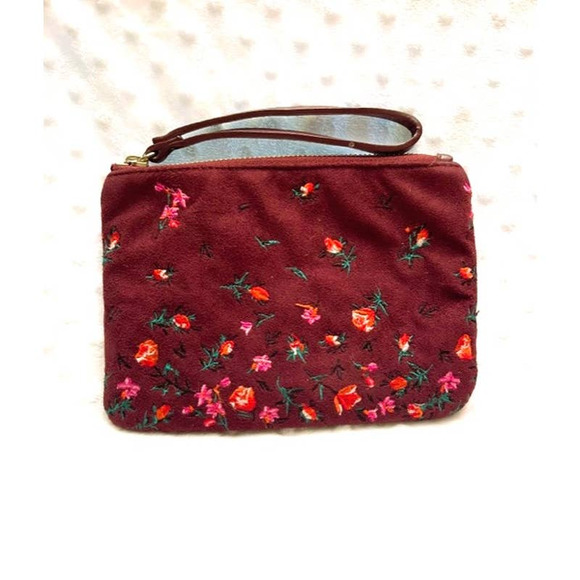Old Navy Burgundy Embroidered Floral Faux Suede Wristlet - Picture 2 of 5